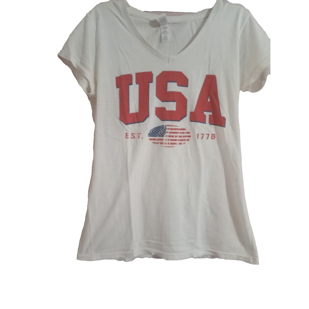 USA T-Shirt Women's Size Medium E.S.T 1775 Flag V-Neck USA Graphic Tee Top